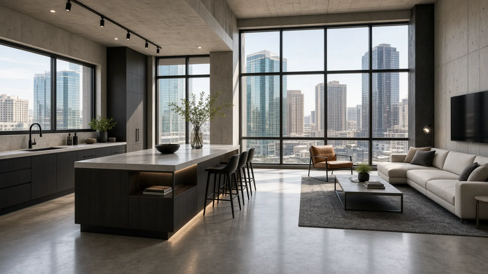 HOA fees, rental rules, parking, and building questions answered. Midtown Las Vegas loft interior illustrating HOA, financing, and high-rise living FAQ topics