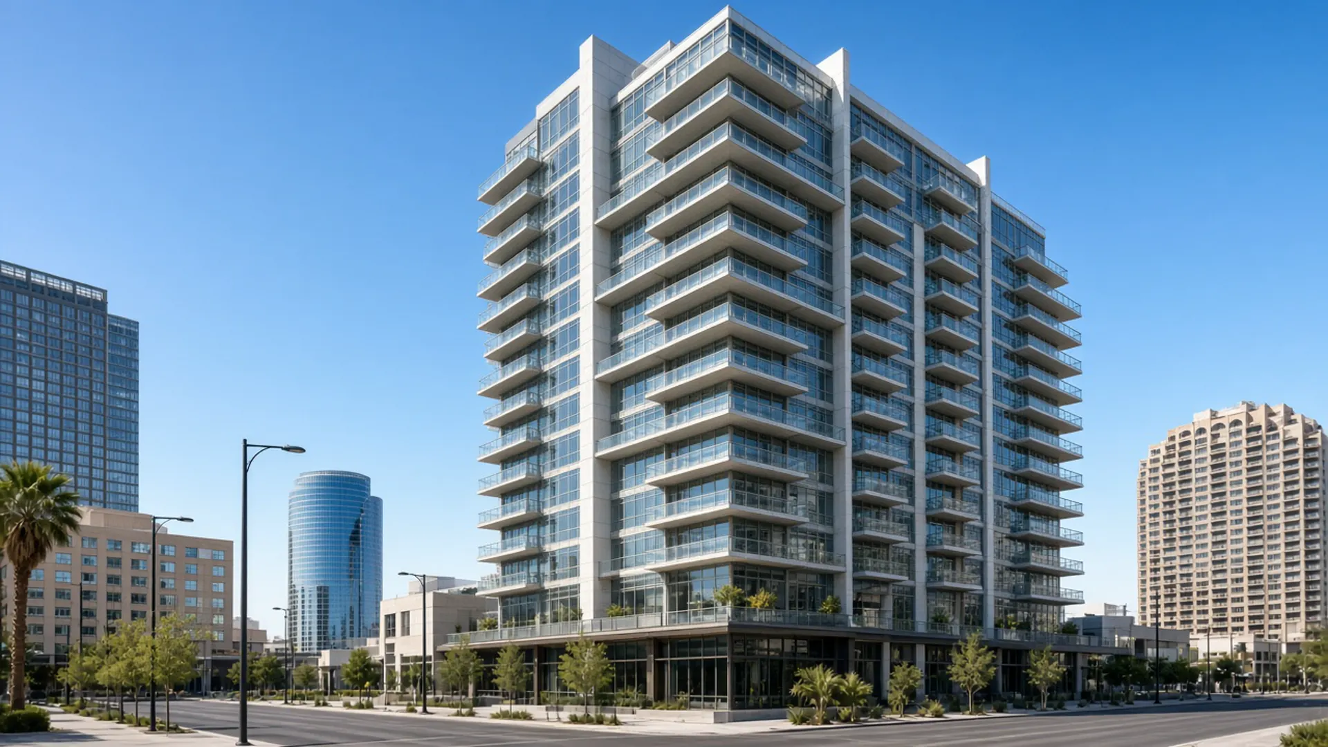 Search live MLS condo inventory with Dr. Jan Duffy. Juhl downtown Las Vegas condo tower representing live midtown condo search photography