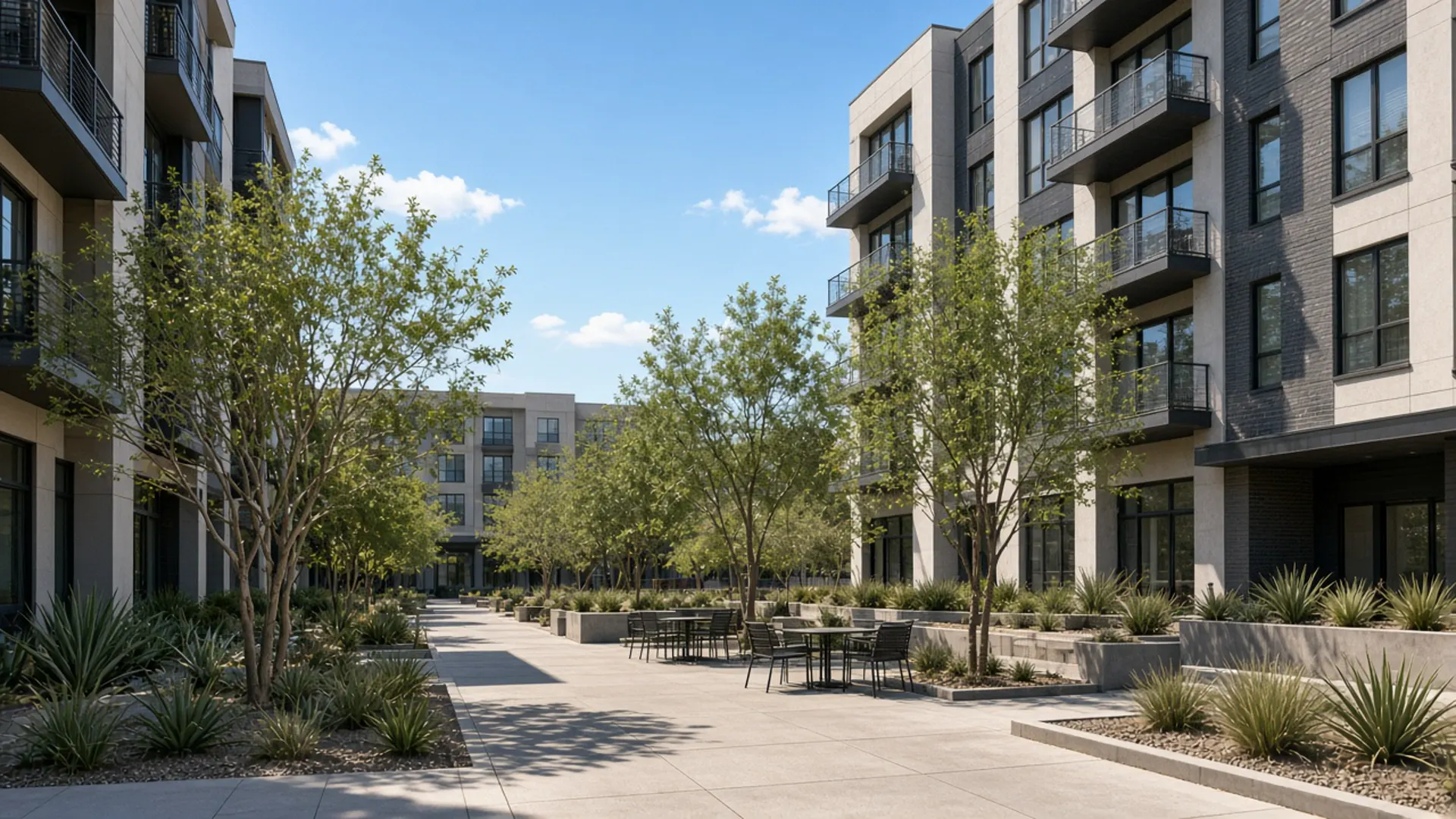 The English Residences midtown Las Vegas boutique condo courtyard and walkable plaza