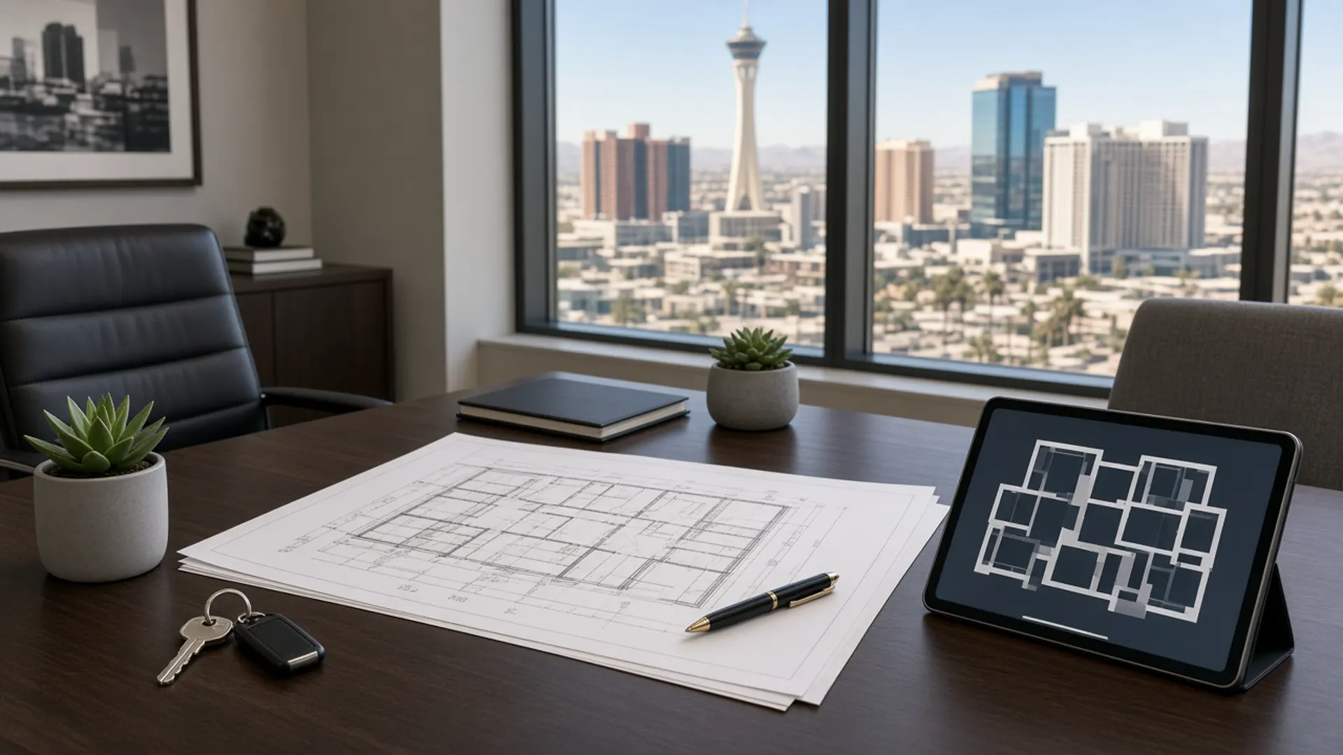 HOA Expertise Condo floor plans and keys on a desk with the Las Vegas Stratosphere outside the window