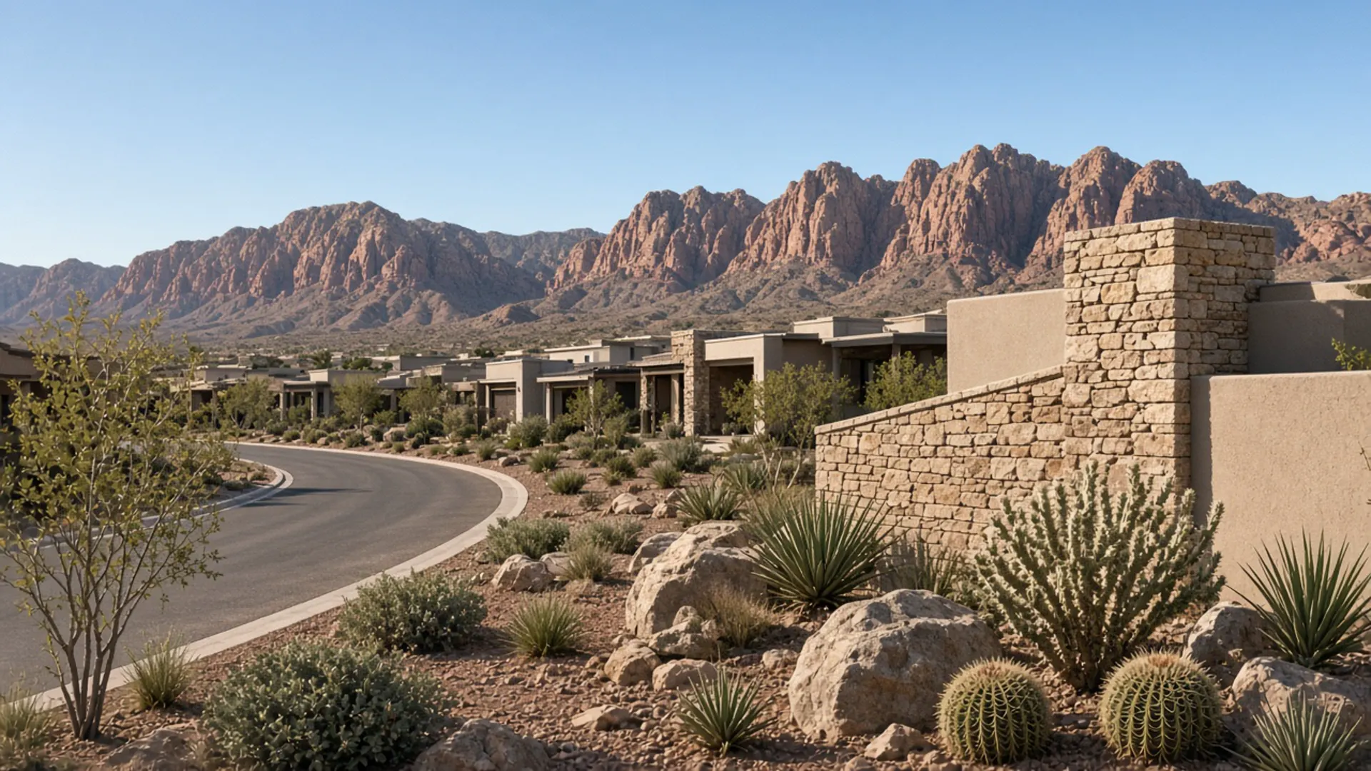 7,700+ homes, three golf courses, and four recreation centers. Sun City Summerlin homes with Red Rock backdrop for 55+ golf and rec living