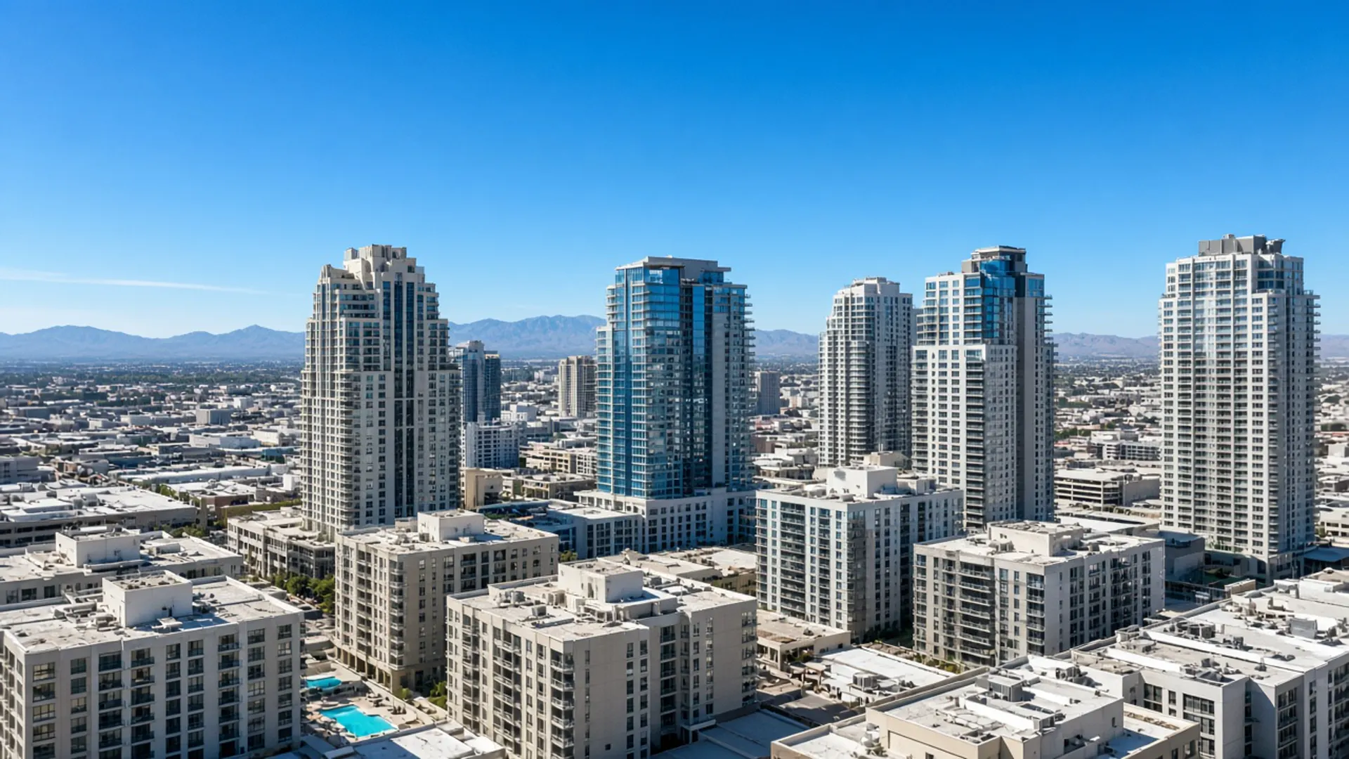 Current midtown condo pricing and days-on-market context. Daytime downtown Las Vegas condo skyline used for midtown market snapshot photography